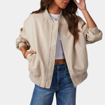 Beige women's satin bomber jacket in XL size, featuring a lightweight and casual chic design with a classic collar, long sleeves, and a waist-length cut, displayed against a plain white background.