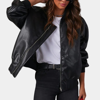 A black satin bomber jacket for women in XL, featuring a lightweight and casual chic design with long sleeves, a ribbed waistline, and a zip-up front.