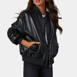 Beige women's satin bomber jacket with a lightweight design, featuring a casual chic style, close-up showing the shoulder, collar, and sleeve details.