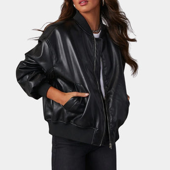Beige women's satin bomber jacket with a lightweight design, featuring a casual chic style, close-up showing the shoulder, collar, and sleeve details.