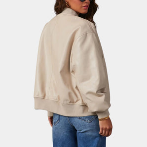 Beige women's satin bomber jacket with a casual chic design, featuring a collar and long sleeves.
