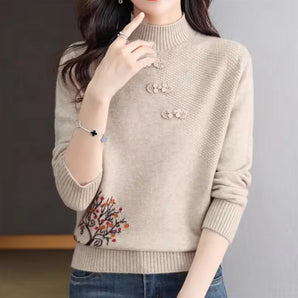 Beige Women's Turtleneck Sweater with Floral Embroidery