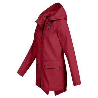 Beige women's lightweight waterproof hooded raincoat with a stylish design, featuring long sleeves, a collar, and button details.
