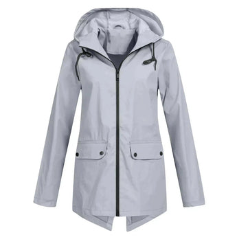 Gray women's waterproof hooded raincoat in size 2XL, featuring a lightweight and stylish design with long sleeves, a collar, buttons, and pockets.