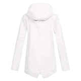 Beige women's waterproof hooded raincoat with a lightweight and stylish design, featuring long sleeves and a high collar.