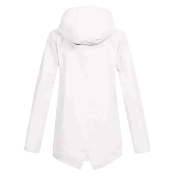 Beige women's waterproof hooded raincoat with a lightweight and stylish design, featuring long sleeves and a high collar.