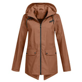 Beige women's waterproof hooded raincoat in a coffee color, size 2XL, featuring a button-up front, long sleeves, and a stylish collar design.