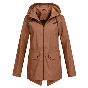 Beige women's waterproof hooded raincoat in a coffee color, size 2XL, featuring a button-up front, long sleeves, and a stylish collar design.