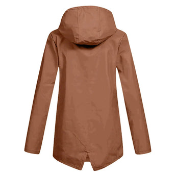 Beige women's waterproof hooded raincoat with a stylish design, featuring a collar, long sleeves, and lightweight outerwear suitable for fashion-forward weather protection.