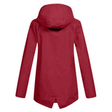 Beige women's waterproof hooded raincoat with a sleek design, featuring long sleeves and a stylish collar.