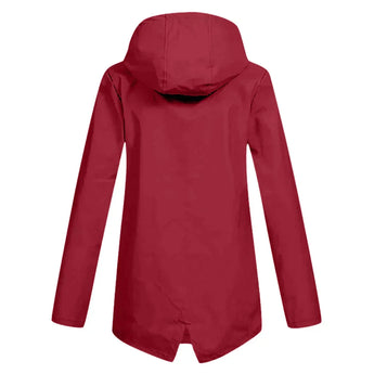 Beige women's waterproof hooded raincoat with a sleek design, featuring long sleeves and a stylish collar.