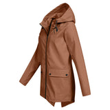 Beige women's waterproof hooded raincoat with long sleeves and a stylish collar, made from natural materials.