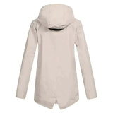 Beige women's waterproof hooded raincoat with a stylish design, featuring a collar and long sleeves.