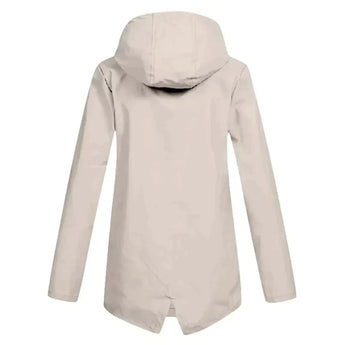 Beige women's waterproof hooded raincoat with a stylish design, featuring a collar and long sleeves.