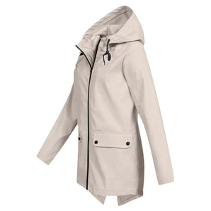 Beige women's lightweight and stylish waterproof hooded raincoat featuring a sleek design with a collar and long sleeves.