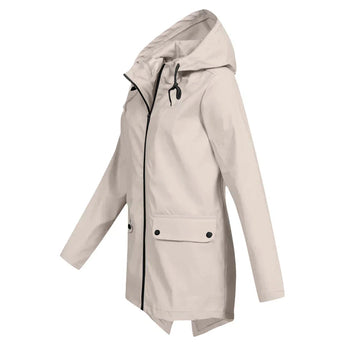 Beige women's lightweight and stylish waterproof hooded raincoat featuring a sleek design with a collar and long sleeves.