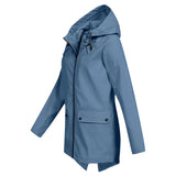 Beige women's waterproof hooded raincoat featuring a lightweight design with a stylish collar and sleeve detailing.