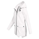 Beige women's waterproof hooded raincoat with a stylish design, featuring long sleeves and a lightweight material.