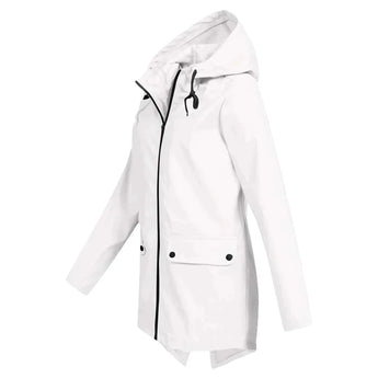 Beige women's waterproof hooded raincoat with a stylish design, featuring long sleeves and a lightweight material.