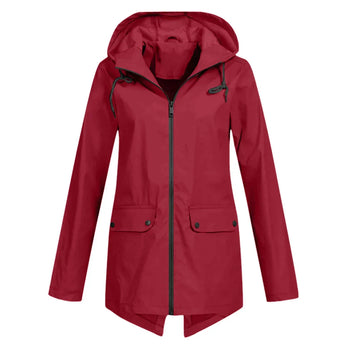 A stylish burgundy women's raincoat in size 2XL, featuring a hood and waterproof material. The lightweight coat has a button closure, long sleeves, and a tailored design with a collar, combining practicality with fashion.