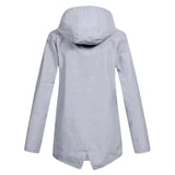 Beige women's waterproof hooded raincoat featuring a stylish design with long sleeves, a collar, and pockets, perfect for staying dry while looking fashionable.