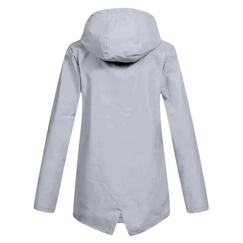 Beige women's waterproof hooded raincoat featuring a stylish design with long sleeves, a collar, and pockets, perfect for staying dry while looking fashionable.