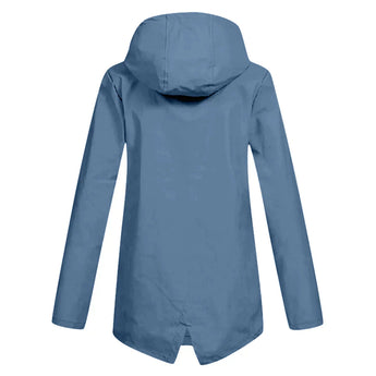 Beige women's waterproof hooded raincoat with long sleeves, featuring a lightweight and stylish design.