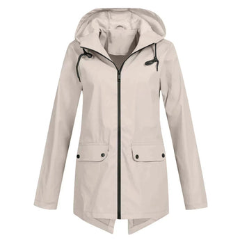 
A beige women's waterproof hooded raincoat in the apricot color variant, size 2XL, featuring a stylish design with a collar, button closures, and long sleeves.