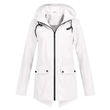 Beige women's waterproof hooded raincoat in a lightweight and stylish design, featuring a white color in size 2XL, shown with a collar, buttoned closure, and long sleeves.