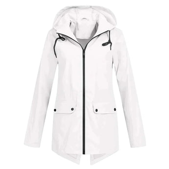 Beige women's waterproof hooded raincoat in a lightweight and stylish design, featuring a white color in size 2XL, shown with a collar, buttoned closure, and long sleeves.