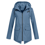 Blue women's waterproof hooded raincoat in size 2XL, featuring a lightweight and stylish design with a button closure and collar.
