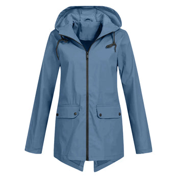 Blue women's waterproof hooded raincoat in size 2XL, featuring a lightweight and stylish design with a button closure and collar.