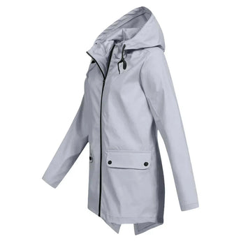 Beige women's waterproof hooded raincoat, lightweight and stylish with a tailored design, featuring long sleeves and a comfortable fit.