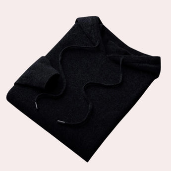 Elegant women's winter knitwear in black, XL size, featuring a beige wool cowl neck sweater with long sleeves.