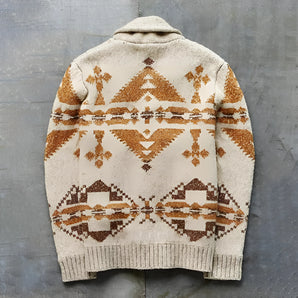 Beige Wool Sweater with Tribal Pattern & Shawl Collar
