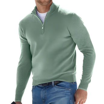 A model wearing a green 3XL wool zipper sweater, styled as a textured winter jacket, paired with jeans. The sweater features long sleeves and a zip-up front, providing a warm and stylish look for cold weather.