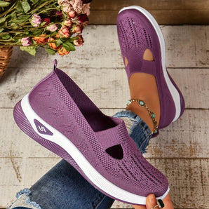 Purple breathable slip-on mesh sneakers for women with a vibrant mix of purple and pink colors designed for comfort and outdoor walking.