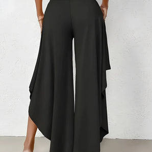 Black Asymmetrical Palazzo Pants - Elegant Wide-Leg Draped Trousers