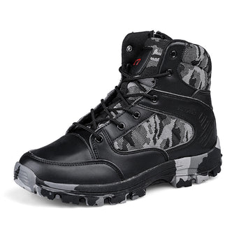Black camouflage tactical waterproof hiking boots with a rugged design and high-traction soles, suitable for outdoor activities.