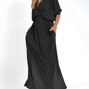 Black casual summer maxi dress with a loose fit and elbow sleeves, featuring a waist tie; shown in Nero color and size 5XL.
