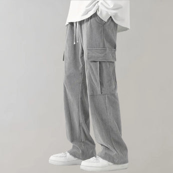 Gray corduroy cargo pants with a soft drawstring, designed for durability and comfort, displayed in a 2XL size.