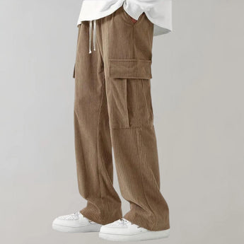 Khaki corduroy cargo pants in size 2XL with durable cotton fabric and soft drawstring waistband, designed for comfort and style.