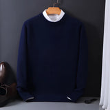 A men's elegant marine blue crewneck sweater featuring a contrasting white collar, designed with long sleeves and a comfortable fit in size 3XL.