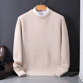 Black crewneck sweater with a contrasting white collar, designed as an elegant men's pullover.