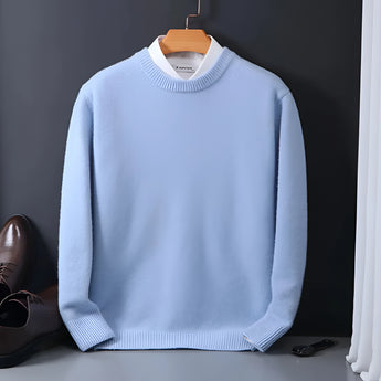 Elegant men's black crewneck sweater featuring a white collar, displayed in light blue color, size 3XL. The sweater's design combines jersey and textile elements, highlighting its stylish and versatile nature.