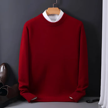 Men's red crewneck sweater with a white collar, featuring long sleeves and a comfortable fit, suitable for outerwear.