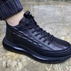 Black crocodile leather sneakers in designer streetwear style, shown in a size 45, featuring a sleek and sophisticated design suitable for outdoor and athletic activities.