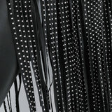 Black cropped women's studded fringe leather jacket with designer trendy style, featuring long sleeves, and intricate detailing.
