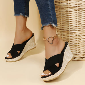 Black Cross Strap Wedge Sandals - Women's Chic Platform Heels