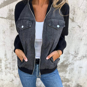 Women's black denim jacket with contrast stitching, featuring a collar, long sleeves, and a waist-length design, perfect for fall fashion.